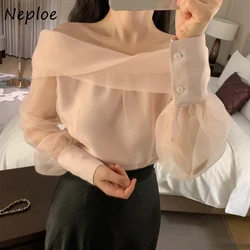 Neploe Slash Neck Spalla senza spalline Camicetta in rete Donna Primavera 2024 Nuovo Pullover Manica lunga Blusas Solid Slim Fit Camicia selvaggia