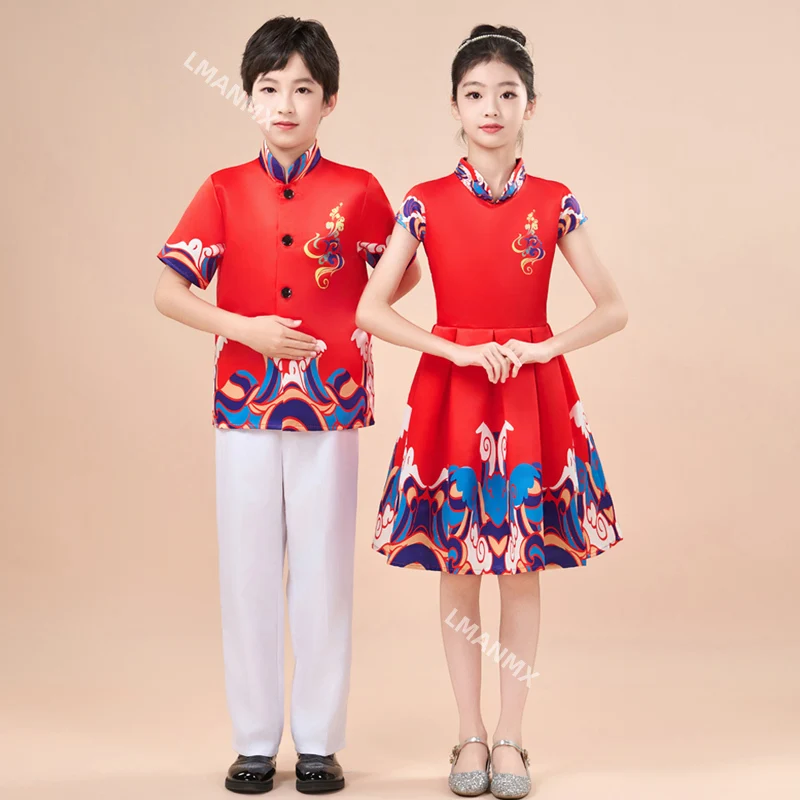 Children's Choral Performance Dress, Student Recitation, Sports Games Red Chinese Style Host Dress