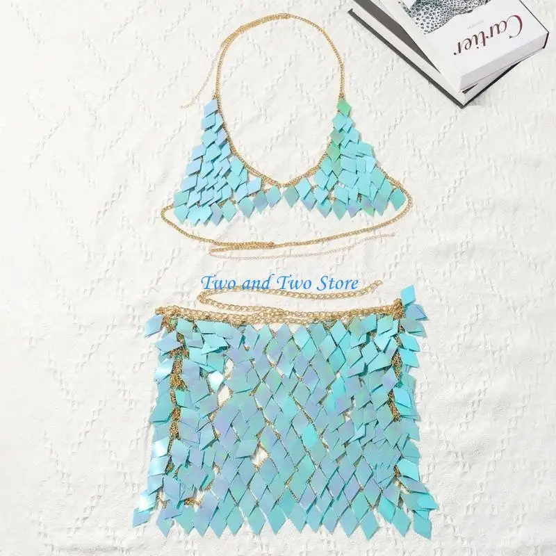 

HX6F Backless Camis Sexy Hollow Out Mini Skirt Summer Fashion Rave Body Chain