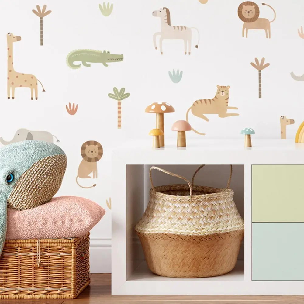 Cute Cartoon Safari Animals Lion Giraffe Elephant Nursery Wall Stickers for Kids Rooms Living Room Decor Wall Decals Wallpaper