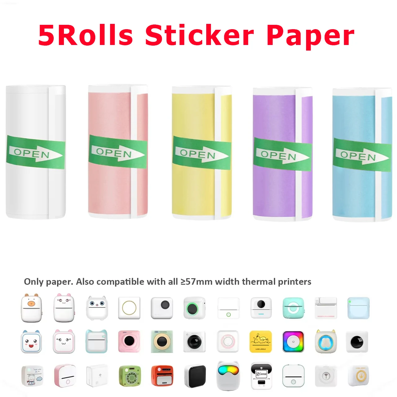 5Rolls 57x25mm Mini Printer Sticker Paper, For Paperang Poooli Peripage P1 P6 A6 A8 C9 T02 For Note Photo
