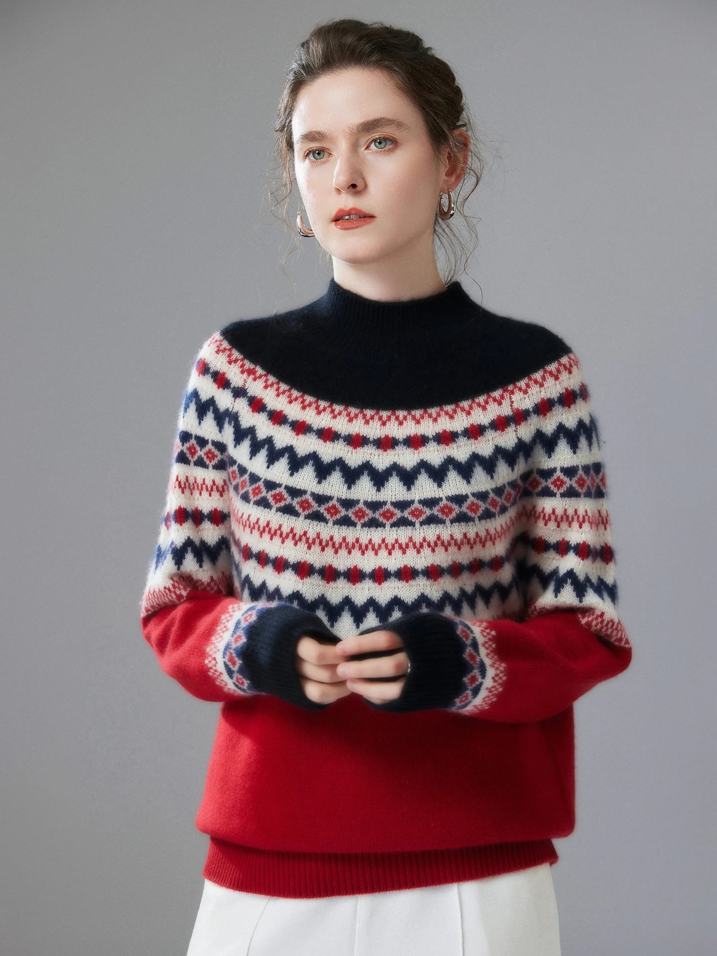 เสื้อสเวตเตอร์แคชเมียร์แท้ 100% สำหรับผู้หญิง ลาย Faire Isle แบบ Jacquard คอเต่า ทรงหลวม นุ่ม หนา เหมาะสำหรับฤดูใบไม้ร่วงและฤดูหนาว สไตล์วินเทจ