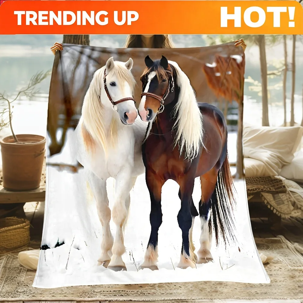 Custom 1pc Horses In Pair Printed Outdoor Blanket - Lightweight Flannel Used For Camping, Picnic, Hiking, Tourism, Airplane, Bed