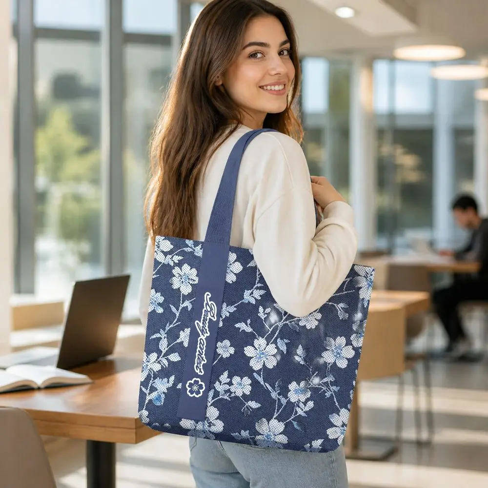 Durable Striped Floral Pattern Canvas Bag Large Capacity Lightweight Shoulder Bag Reusable Versatile Tote Bag Students and Women