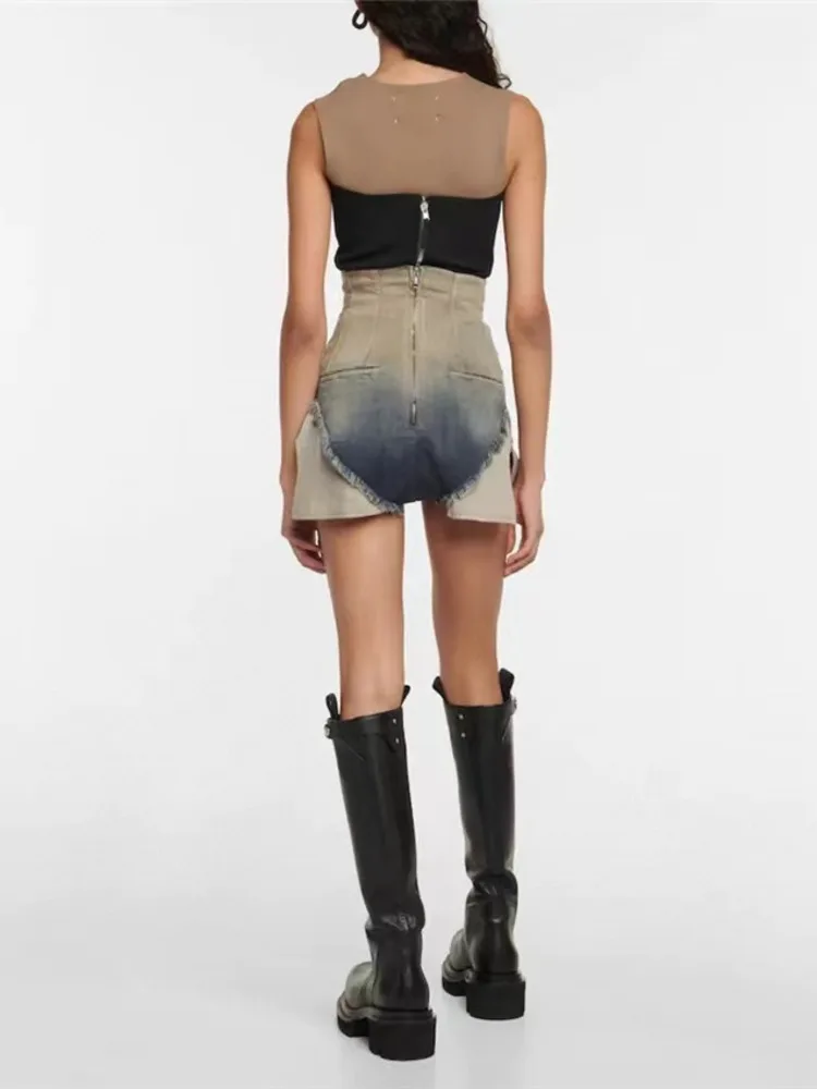 ANJY Women's Dark Design Washed Gradient High Waist Zipper Denim Shorts Frayed Edge Patchwork Large Pocket Sexy Hot Pants A24536