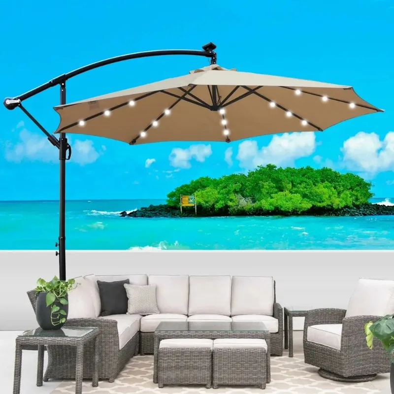 

TORQMAX 10 ft Outdoor Solar LED Umbrella, 8-Rib Waterproof Sun Shade with Crank and Cross Base for Deck, Pool, Garden