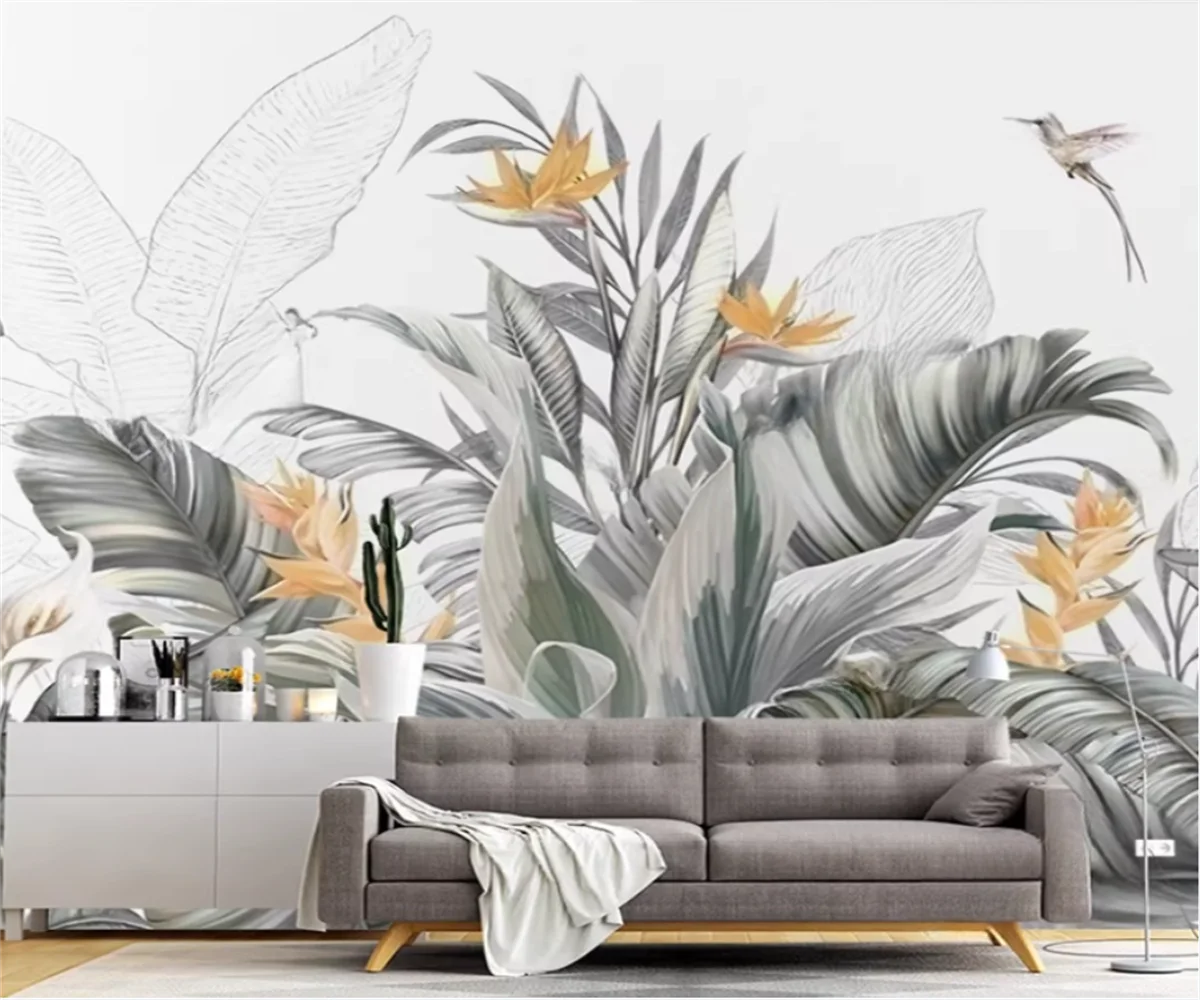 European style tropical rainforest plant wallpaper sofa TV background wall paper bedroom high-end decoration custom wallpaper ﻿