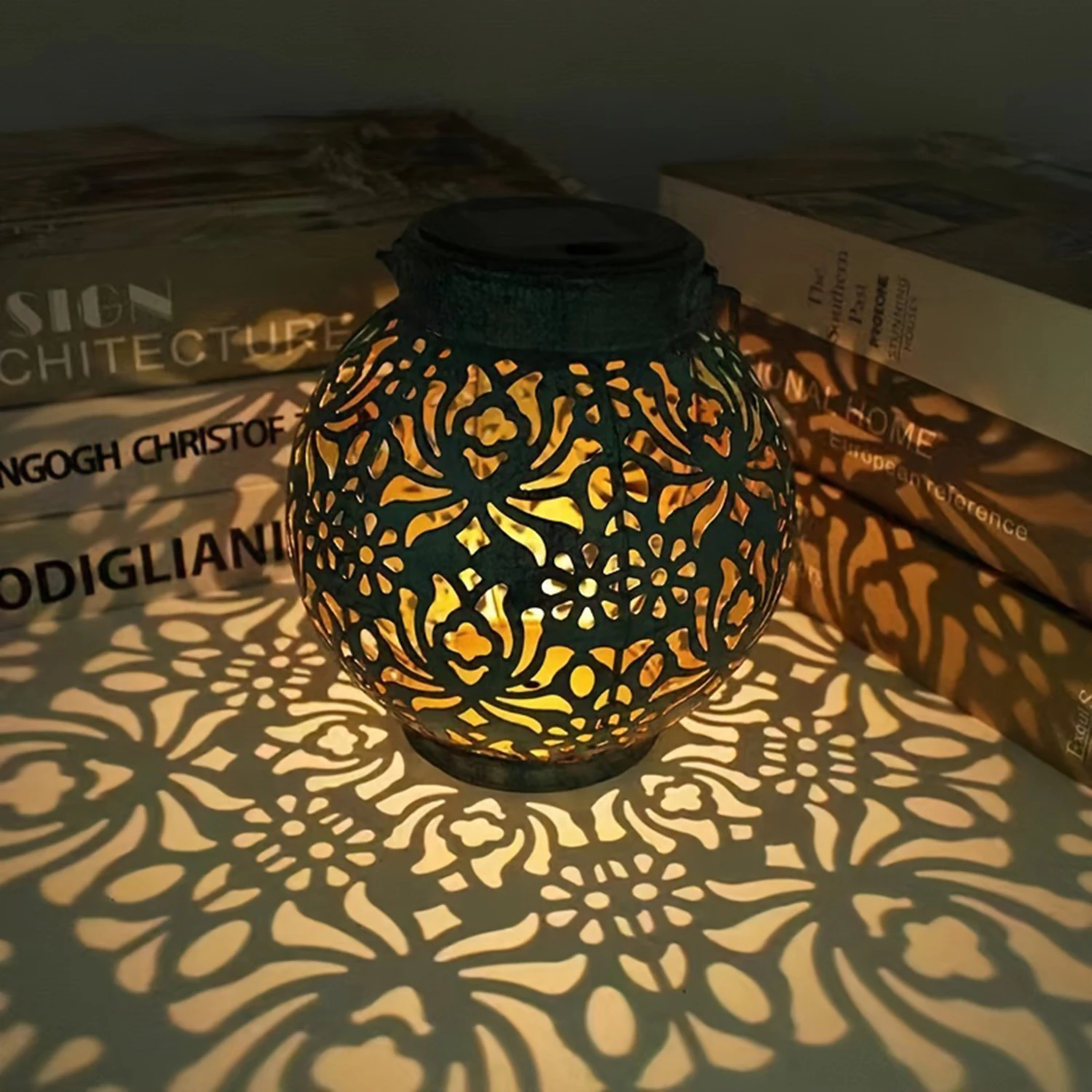 Solar Lantern Outdoor Waterproof Hanging Garden Light, Hollow Pattern Table Lamp, Black/Bronze Patio Yard Decor