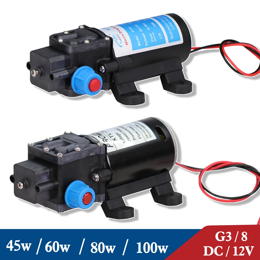 Mikro elektryczna pompa wodna z membraną DC/12V 45/60/80/100 Watów, przyłącze 3/8'', wydajność 4/5/6/8L na minutę