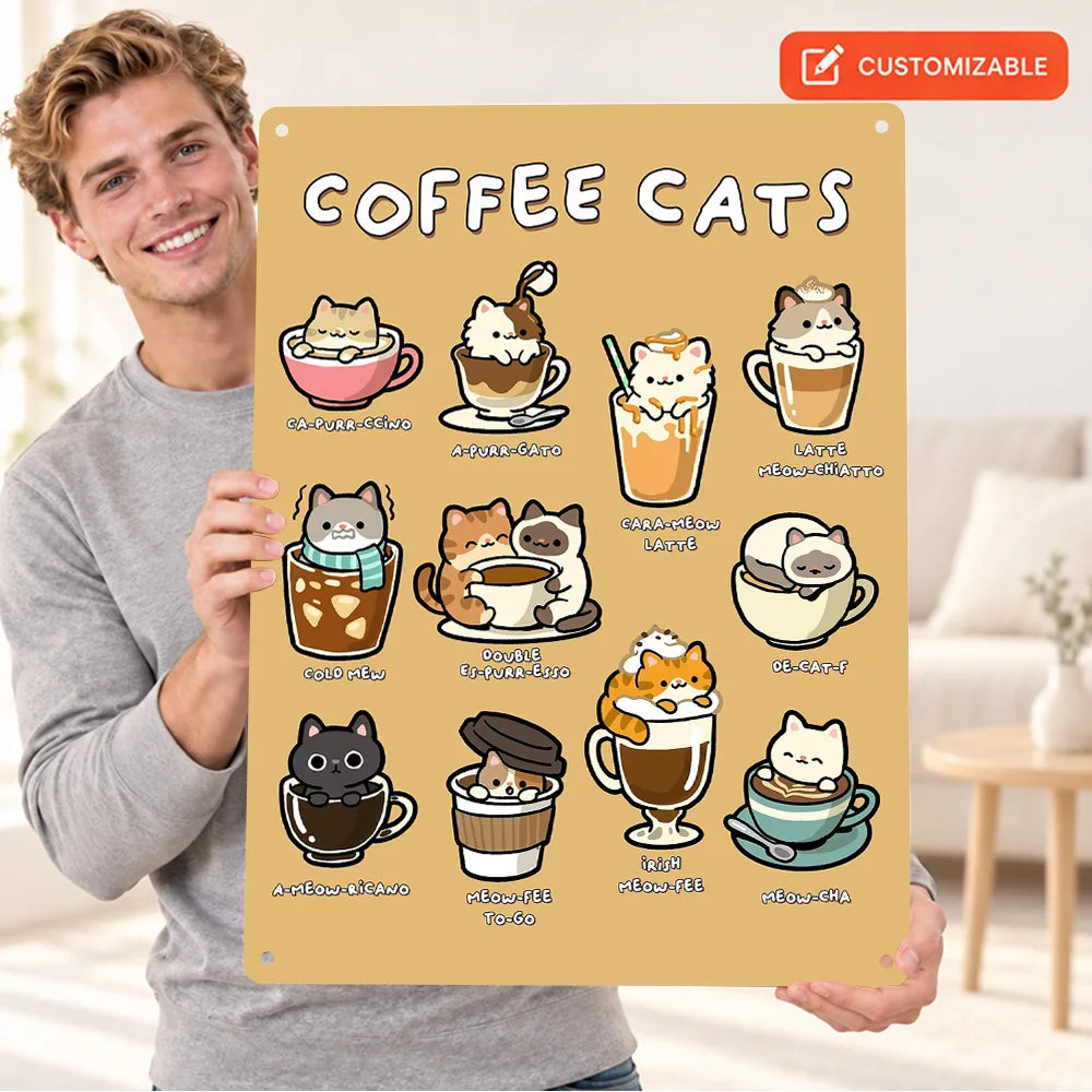 Coffee Cats Drink Guide Textured Metal Poster Bold Cozy Wall Art For Breakfast Nook Personalized Aluminum Sign Cafe Owner Gift