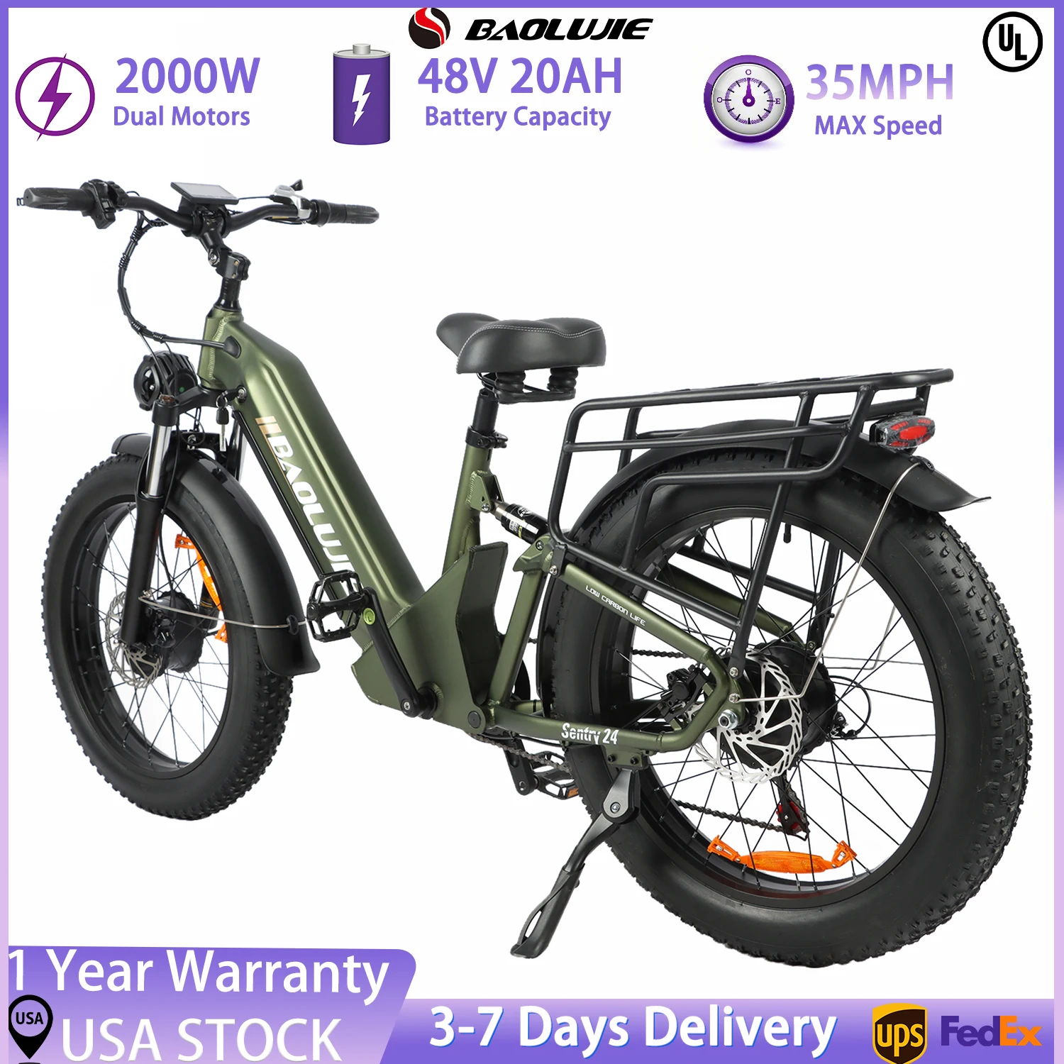 

BAOLUJIE 2402 Electric Bike 2000W 48V 20AH 24 Inch Fat Tire Ebike for Adults Mountain Off-Road Electric Bicycle【1 Year Warranty】