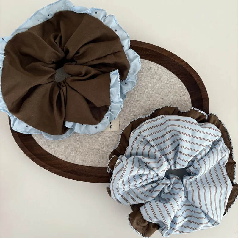 Super beautiful brown and blue color-blocked scrunchie with lace trim, large size hair tie for ponytail, hair accessory. view 3