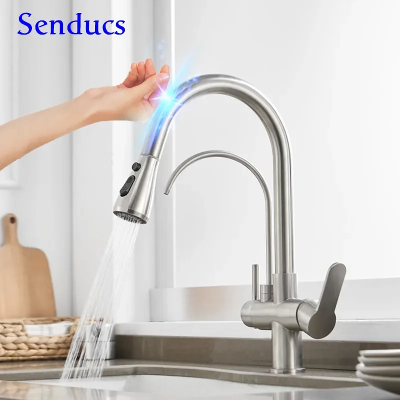 Sensor Touch Filter Kitchen Faucets Hot Cold Pull Out  Sink Mixer Tap 3 Ways Brushed Nickel    Faucet