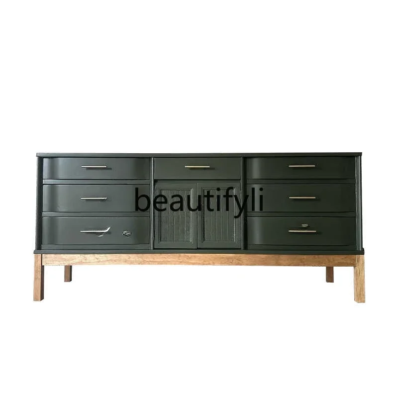 

ls 27retro green solid wood dining side cabinet/medieval carved entrance cabinet/large capacity drawer cabinet