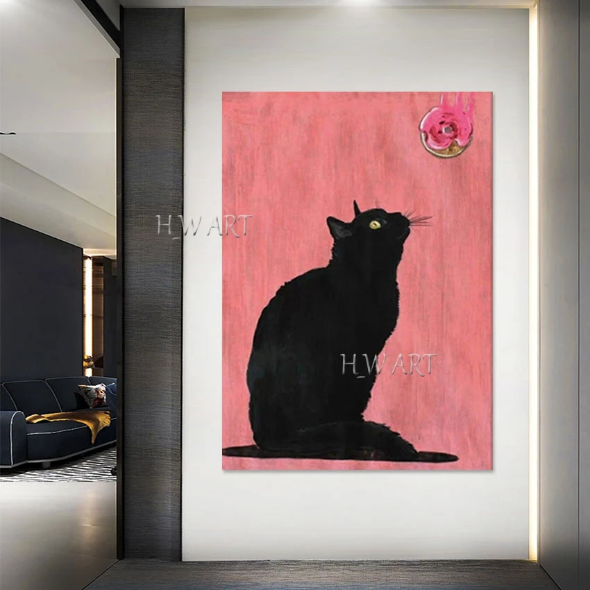 Pink Artwork, Canvas Picture, Beautiful Animal Art Wall, No Framed, 3D Black Cat Cartoon Abstract Painting, Acrylic Decor Piece