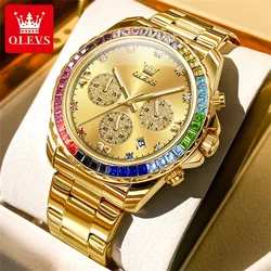 OLEVS Rainbow Diamond Inlaid Quartz Watch for Men Luxury Brand Chronograph Waterproof Watch Man Stainless Steel Men's Wristwatch