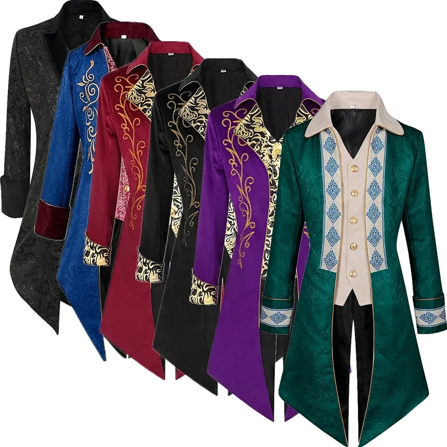 

Мужской ретро-пальто европейского размера, зеленый, с красным воротником-стойкой, длинный, для выступлений, фиолетовый, с длинными рукавами, тренчкот