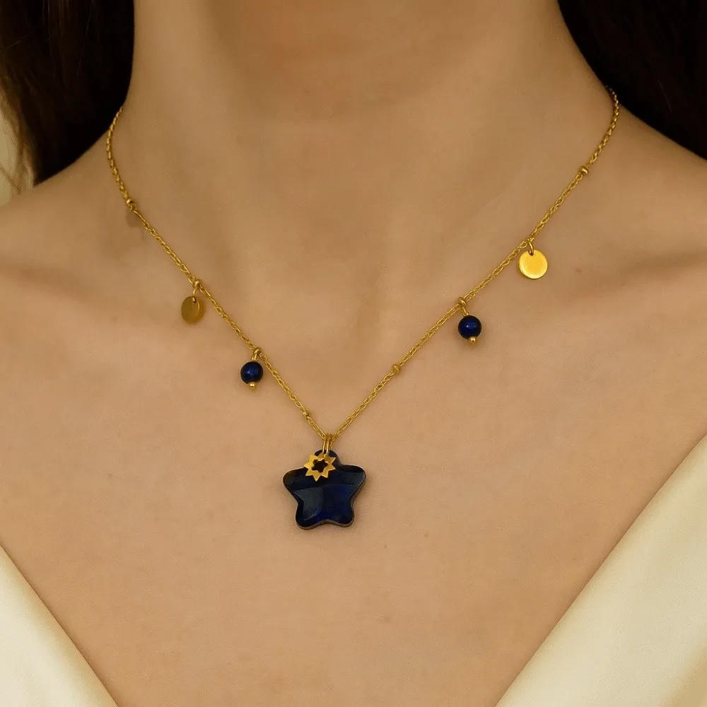 سترة سلسلة حبة نجمة حجر قلادة خمر مجوهرات الأزياء دلاية شكل نجمة سلسلة عنق المرأة الطبيعية الرقبة المختنق الرقبة الديكور #1