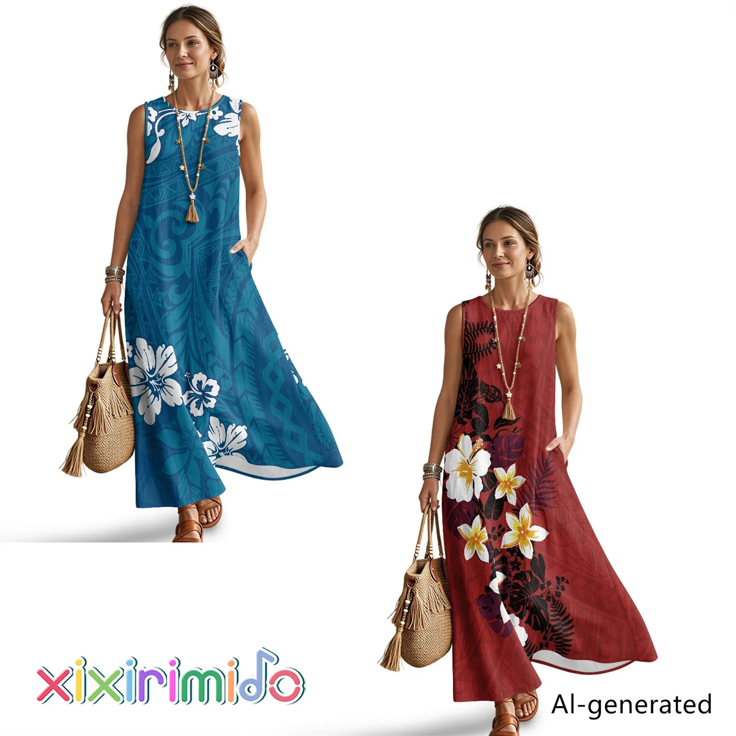 

XIXIRIMIDO Summer Female Sleeveless Linen O-Neck Long Skirt with Pockets Ladies Polynesian Prints Long Dress Hawaiian Vacation