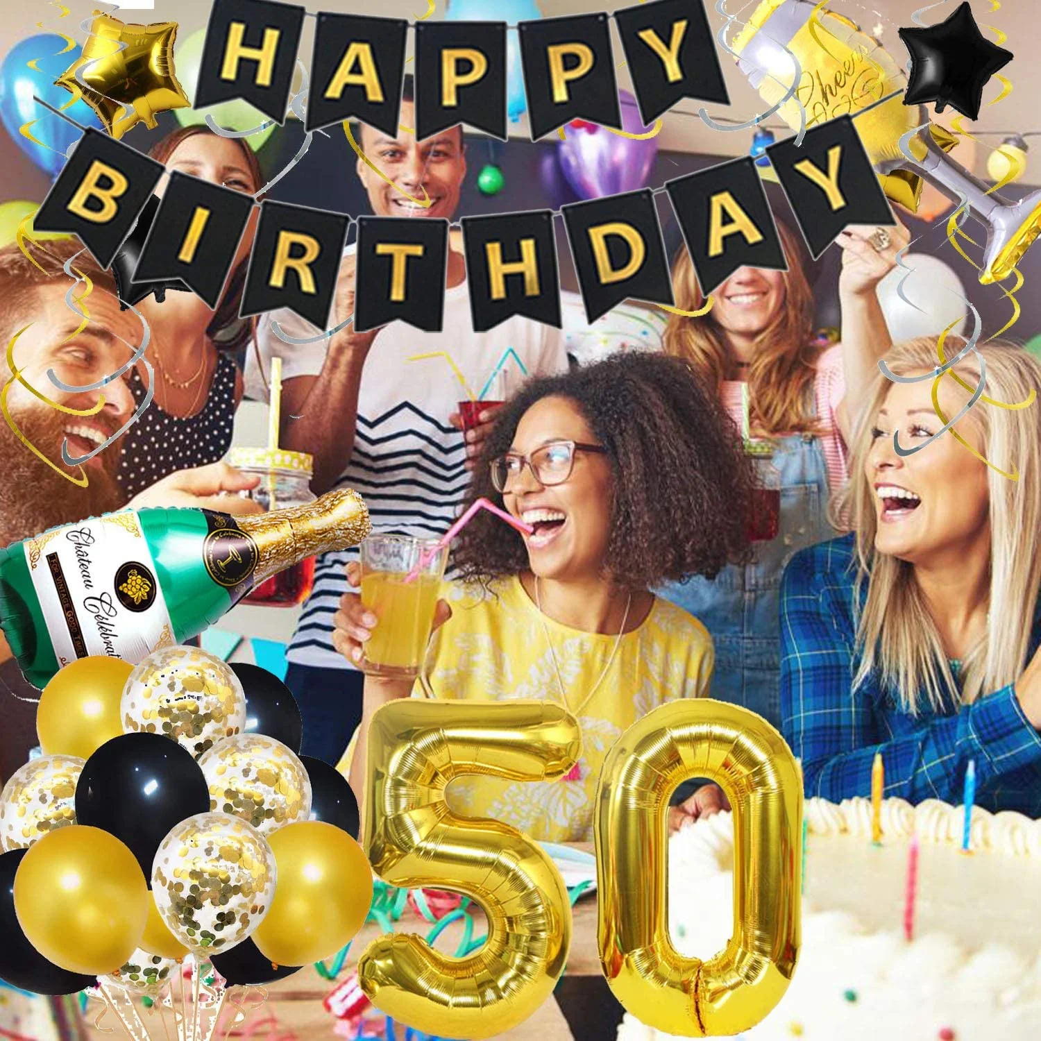 50 ปีตกแต่งแบนเนอร์หมายเลข 50 ชุดลูกโป่ง,สีดำทองแขวนหมุนปาร์ตี้ของชำร่วยของขวัญ,เชียร์ 50 ปี