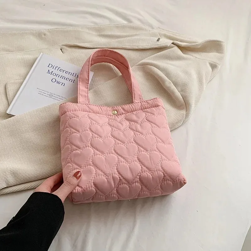 Solid Color Quilted Tote Bags Large Capacity Cotton Padded Handbags Trendy Fluffy Shoulder Bag for Winter Travel Women Girls