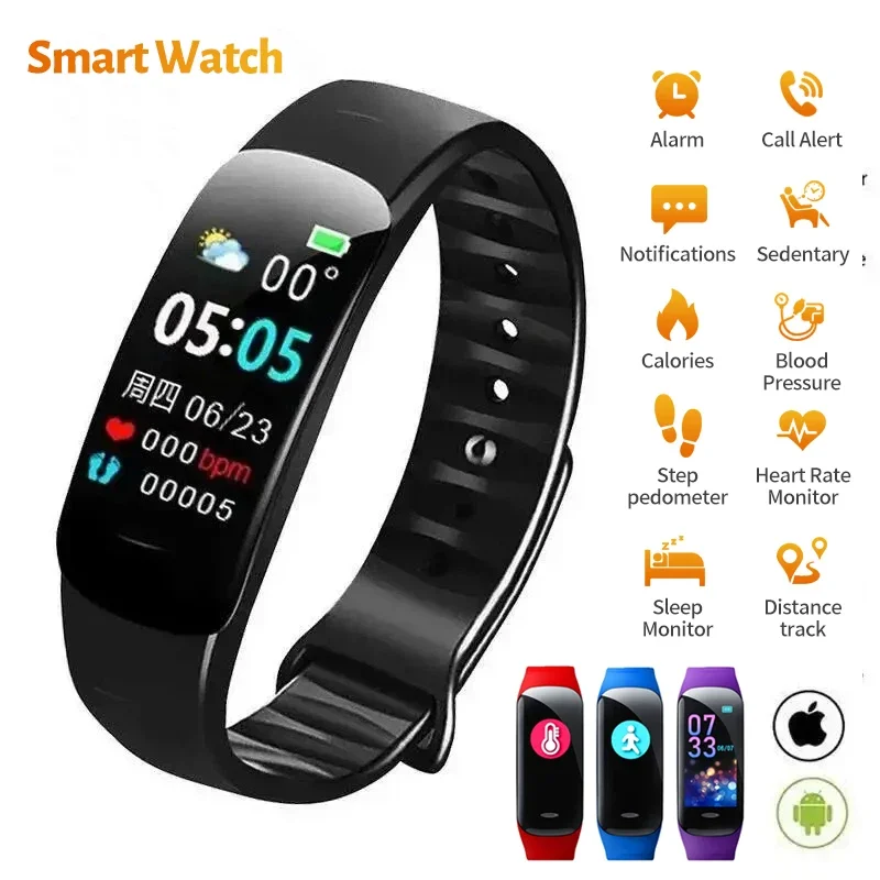 Smart Bluetooth Watch  for C1 Plus Step Counting Sports Bracelet  for Fitness Tracker Heart Rate Blood Pressure Sleep Men Women