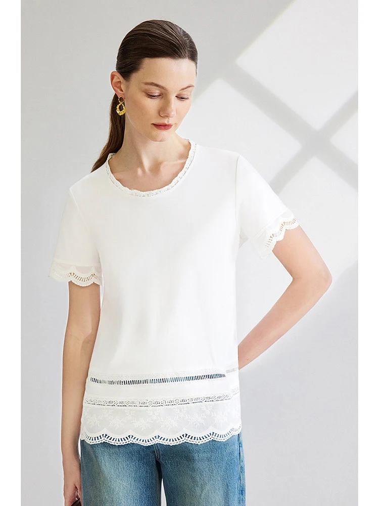 

Ele round Ne ort Sve T-irt Embroidered Lace Trim Precision Cotton Knitted Spring Faion for Young Women