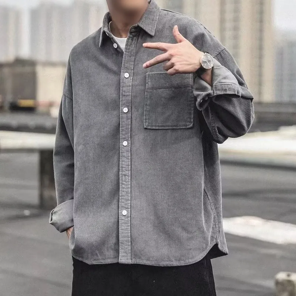 Autumn Winter Fashion Coat Mens Corduroy Shirt Coat Regular Clothing Length Lapel Neckline Design Solid Color Pattern