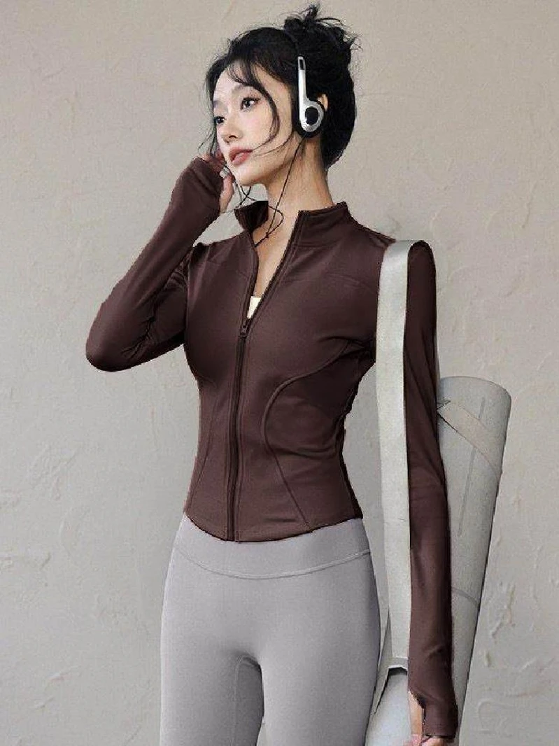 sun-protection-short-yoga-jacket-collared-fitness-sports-top-women's-long-sleeve-t-shirt-quick-dry-polyester-fiber-autumn-wear