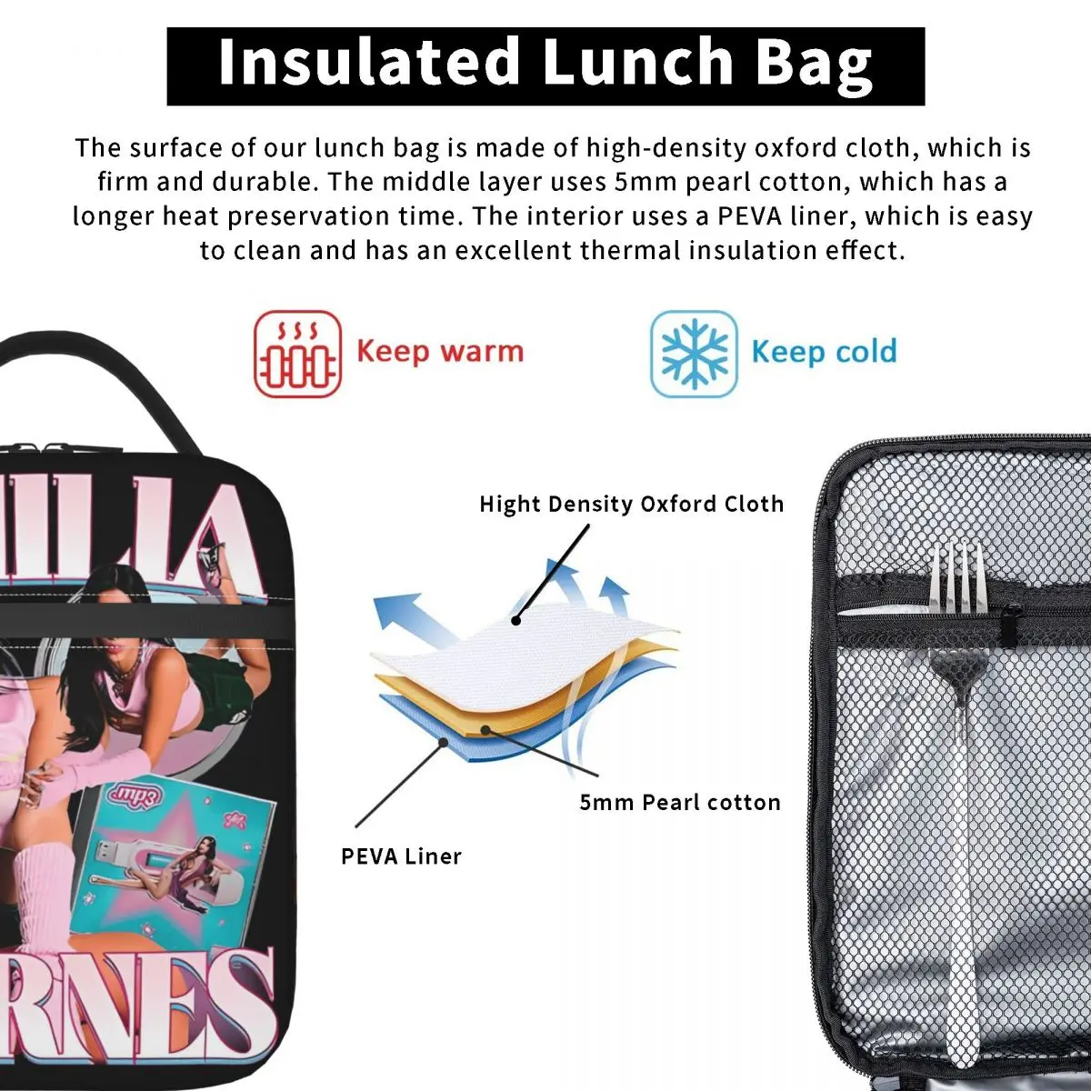 Singer Emilia Mernes MP3 Tour 2025 Borsa per il pranzo Borsa termica portatile per picnic all'aperto Borse per alimenti con grafica impermeabile