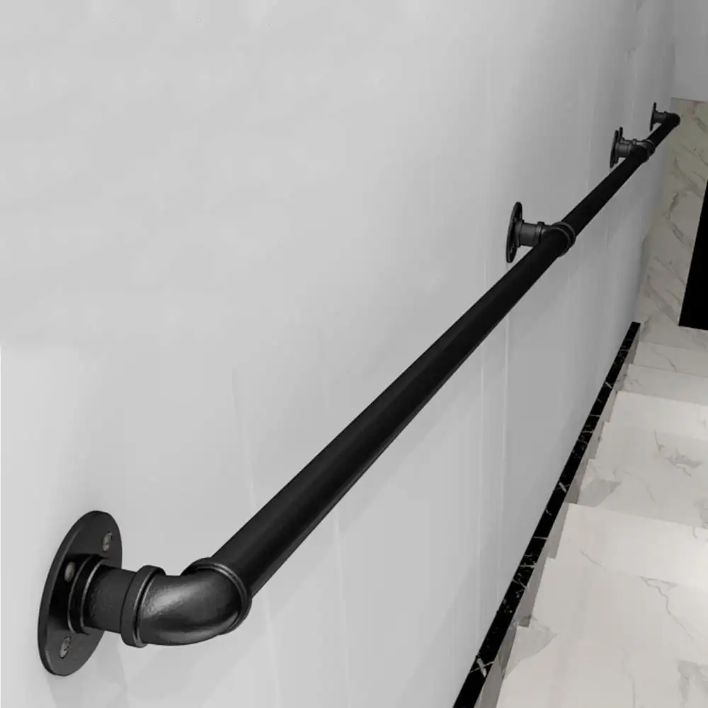 10ft Handrail for Stairs Steps Railing Indoor Outdoor Iron Pipes Handrail 440 LBS Load Capacity Industrial Black