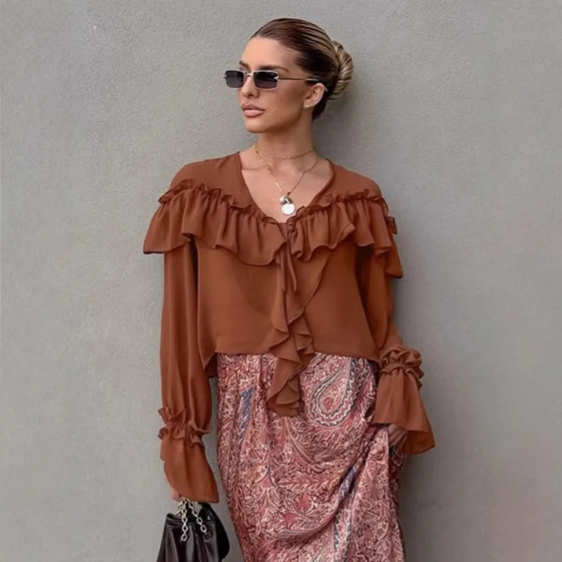 

Autumn High-end Top, Women's Lazy Style Thin Design with Ruffled Edge and Flared Sleeves Chiffon Shirt Loose Fit Shirt