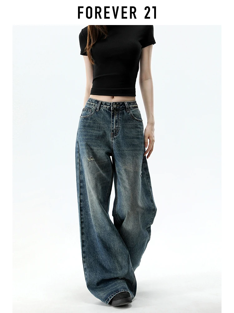 Calça Jeans Feminina Vintage Americana Azul de Perna Larga, Nova Coleção de Verão, Solta, Efeito Emagrecedor, Caimento Fluido e Corte Reto - Forever 21