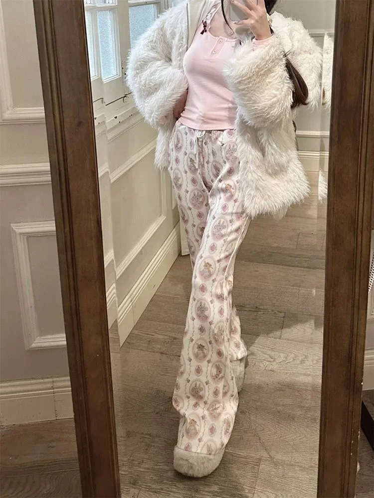 Fashion All-match Cute Rabbit Print Trousers Y2k Drawstring High Waist Flare Pants 2026 Sumemr New Loose Wide Leg