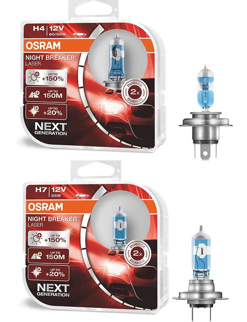 OSRAM H1 H3 H4 H7 H8 H11 9005 9006 12V Night Breaker Laser Next Generation Car Halogen Headlight Fog Lamp +150% Brightness, 2X