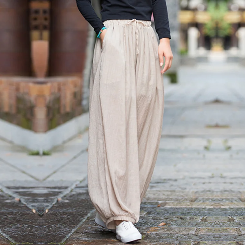 Vintage  Yoga Clothes Cotton  Linen Women High Waist Pants Baggy Loose  Large Oversized Size Women\'s Cargo Trousers Wide Leg