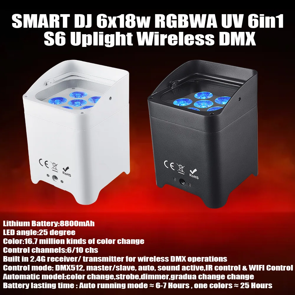 4PCS in Bag 6x18w RGBWA UV 6in1 Battery Powered LED Par Wireless DMX Uplights DJ Up Lighting Party DJ Wedding Decorations