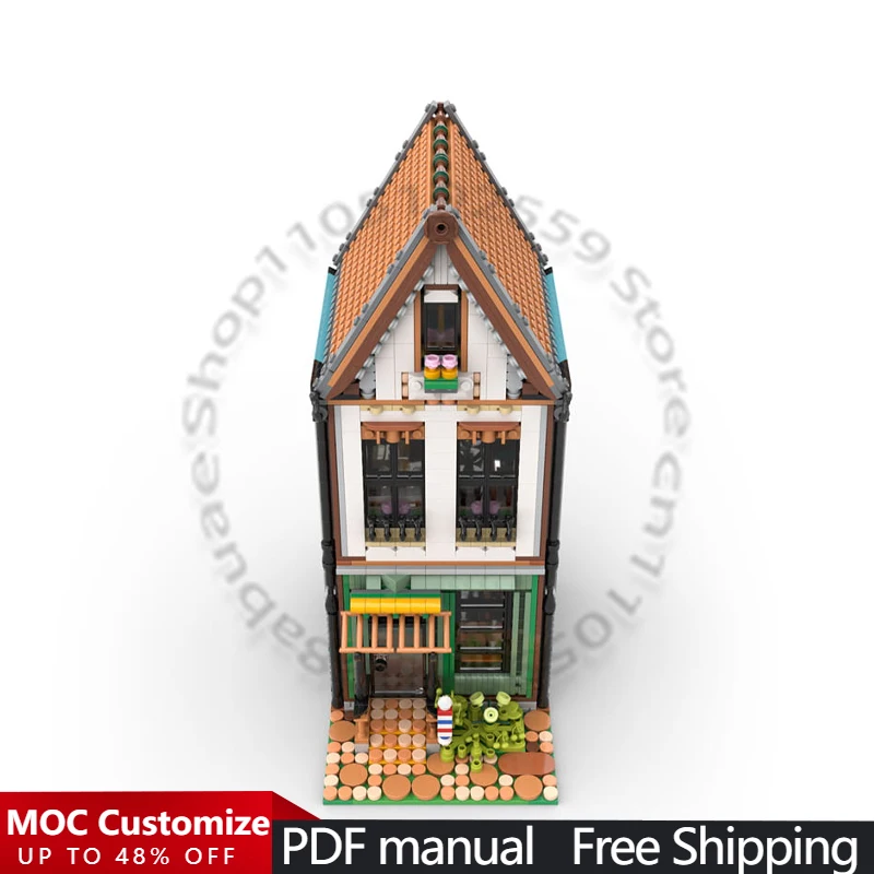 2143 PCS House Street Barber Shop MOC Customize Modular Building Block Creative Design Design Technology DIY Toy Christmas Gift