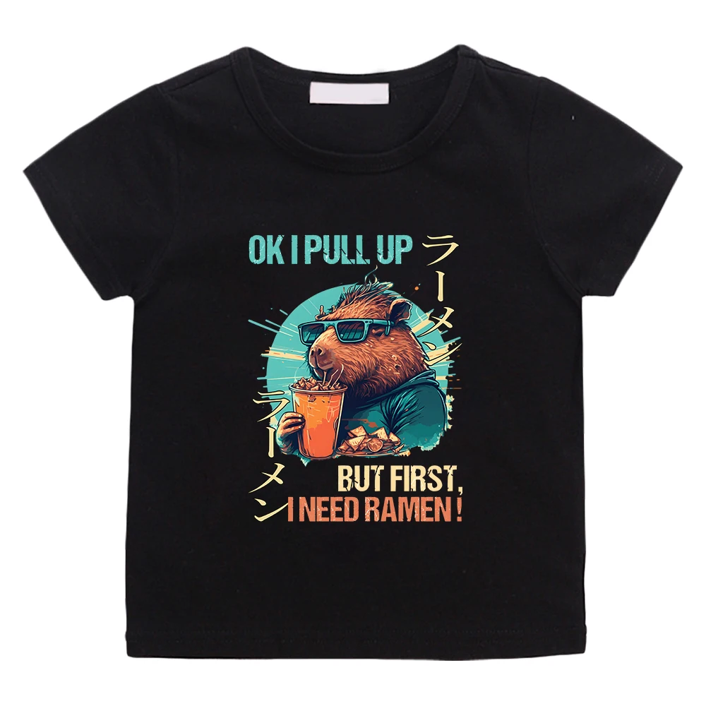 

OK I PULL UP Capybara Cute Print Tee-shirt 100% Cotton Boys and Girls Children T-shirt Short Sleeve Summer Casual Tshirts Kawaii