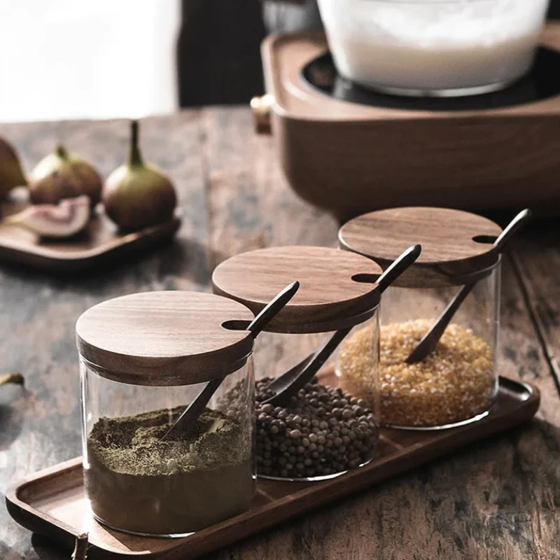 Transparent Glass Spice Jar Set - Seasoning Box with Wooden Cover & Spoon for Spice Container in 3-Piece Kitchen Supplies Use In