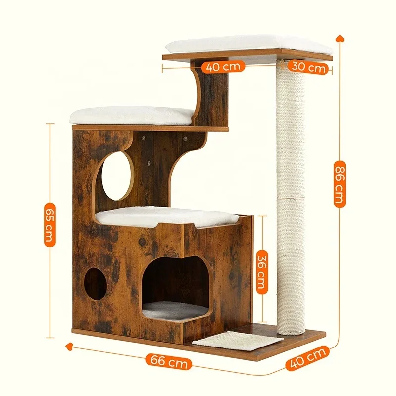 Deft Design Medium Cat Tower Style Cat House Cat Trees Condo for Pets with 3 Beds and Cave Wood Wooden House Breathable 200pcs