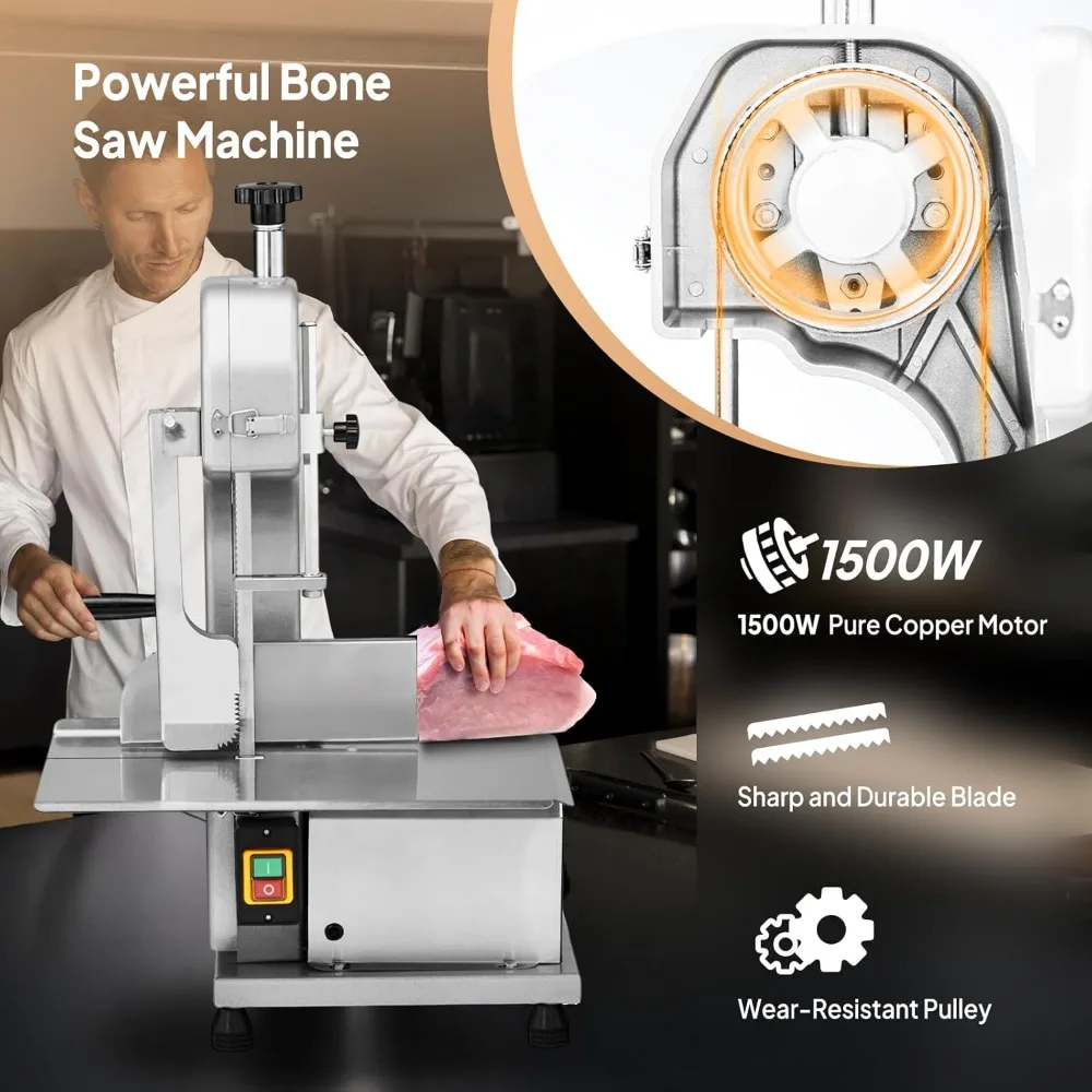 Máquina elétrica de serra de osso de grau comercial 750W para carne congelada, espessura de corte de 0,16-7,9 polegadas, 6 lâminas incluídas