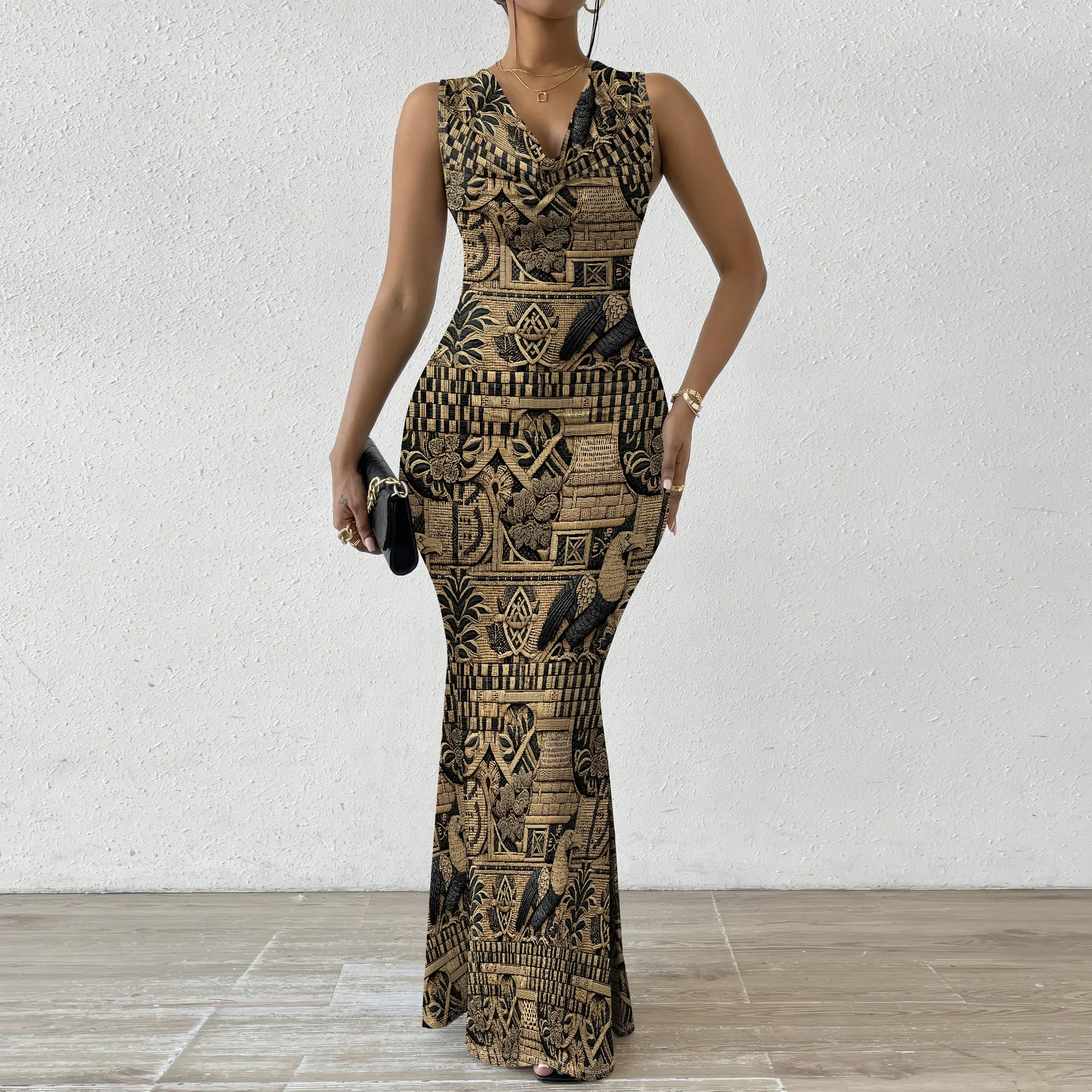 

Elegant Black and Gold Tribal Print Maxi Dress Women's Sleeveless V-Neck Bodycon Dress - XS-2XL Chic Casual or Evening Wear