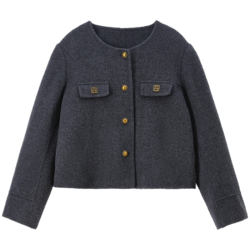 SENTUBILA Women's Wool Coat Round Neck Contrast Trim Double-Faced Wool Coat Metal Buttons Short Coat Women's Clothing W54OF8773