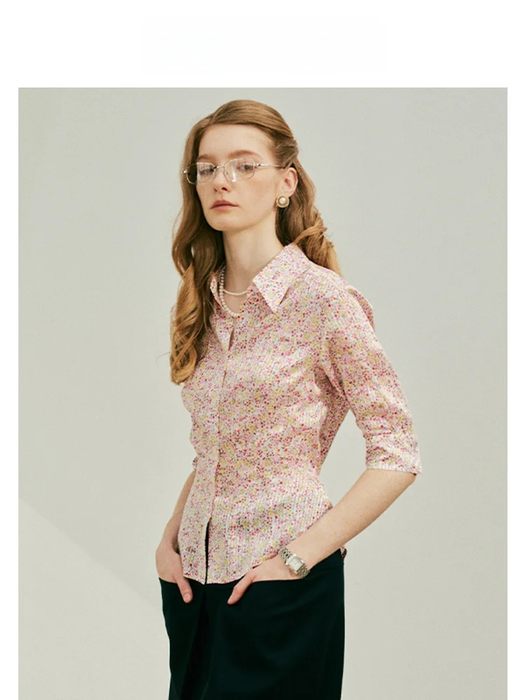 

Havehas Romantic Floral Embroidered Silk Satin Slim Fit ort Sve irt with Belt Tie Waist for Commuting Women's irt