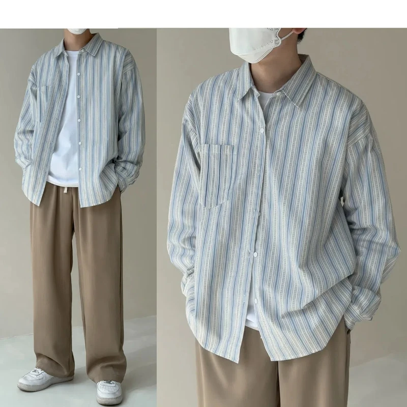 

Light Colored Striped Shirt Jacket for Men Loose Casual with a Youthful Feel Simple Long Sleeved Shirt Korean Version Versatile