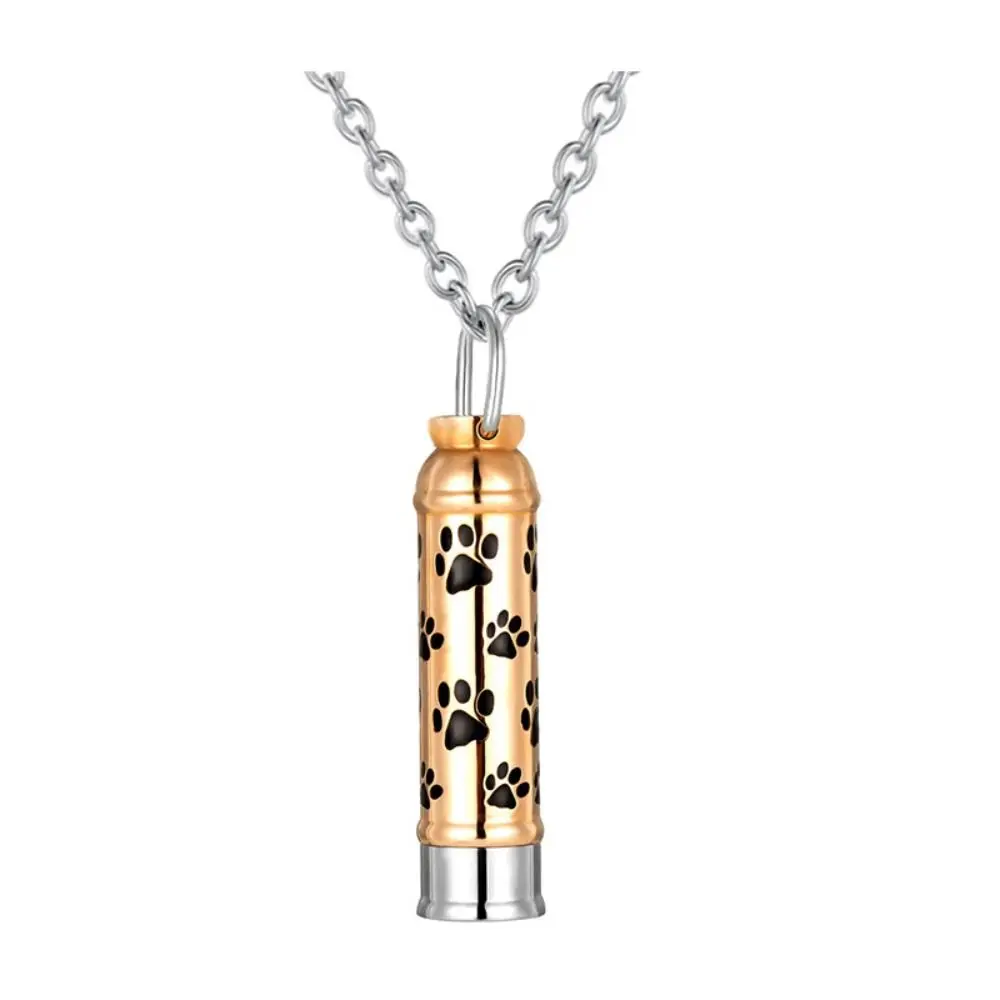 Stainless Steel Pet Ash Pendant Small Dog Footprint Unique Pet Ashes Pendant Mini Cylinder Cremation Urn Jewelry
