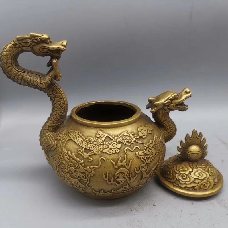 Antique copper with double dragons, rural collectible, home craft water kettle