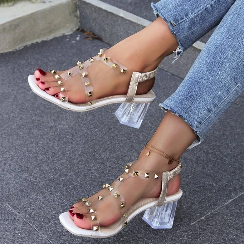 Rivets T-Strap Summer Heels Sandals Women\'s Luxury Brand Chunky Heels Sandals Studded Slingback Casual Summer White Party Shoes