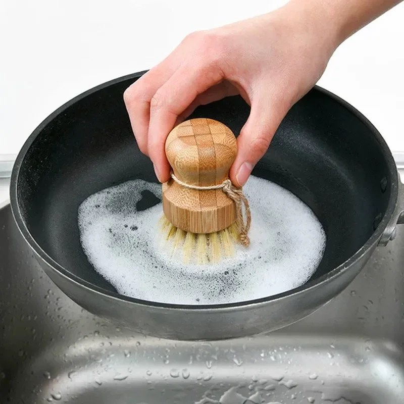 

Kitchen Cleaning Brush Stove Sisal Thick Brown Short Handle Round Dish Dishwashing Bamboo and Wood Pot